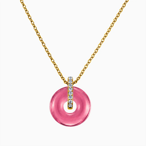 18KT Yellow Gold Vermeil Donut Pink Tourmaline Pave Bar Necklace - Origin Loop Front View