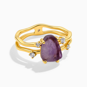 18KT Yellow Gold Vermeil Double Band Raw Amethyst Ring - Interweave Front View