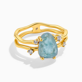 18KT Yellow Gold Vermeil Double Band Raw Aquamarine Ring - Interweave Front View