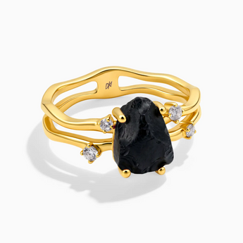 18KT Yellow Gold Vermeil Double Band Raw Black Onyx Ring - Interweave Front View