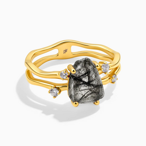 18KT Yellow Gold Vermeil Double Band Raw Black Rutilated Quartz Ring - Interweave Front View