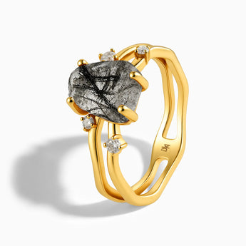 18KT Yellow Gold Vermeil Double Band Raw Black Rutilated Quartz Ring - Interweave Side View
