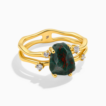 18KT Yellow Gold Vermeil Double Band Raw Bloodstone Ring - Interweave Front View