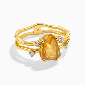 18KT Yellow Gold Vermeil Double Band Raw Citrine Ring - Interweave Front View