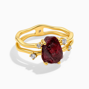 18KT Yellow Gold Vermeil Double Band Raw Garnet Ring - Interweave Front View