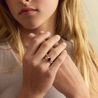 18KT Yellow Gold Vermeil Double Band Raw Garnet Ring - Interweave Model Shot