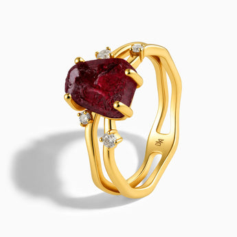 18KT Yellow Gold Vermeil Double Band Raw Garnet Ring - Interweave Side View