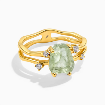 18KT Yellow Gold Vermeil Double Band Raw Green Amethyst Ring - Interweave Front View