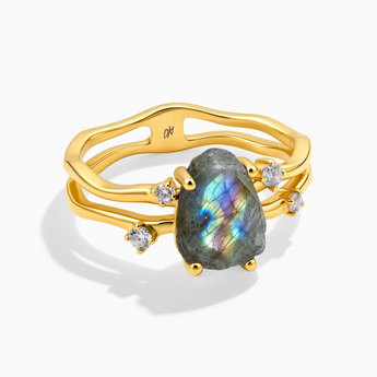 18KT Yellow Gold Vermeil Double Band Raw Labradorite Ring - Interweave Front View