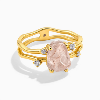 18KT Yellow Gold Vermeil Double Band Raw Morganite Ring - Interweave Front View