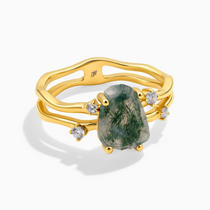 18KT Yellow Gold Vermeil Double Band Raw Moss Agate Ring - Interweave Front View