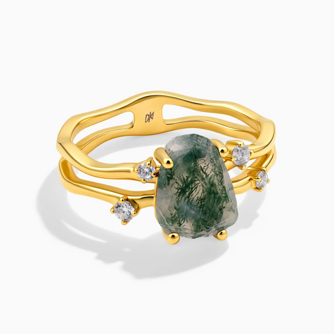 18KT Yellow Gold Vermeil Double Band Raw Moss Agate Ring - Interweave Front View