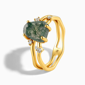 18KT Yellow Gold Vermeil Double Band Raw Moss Agate Ring - Interweave Side View