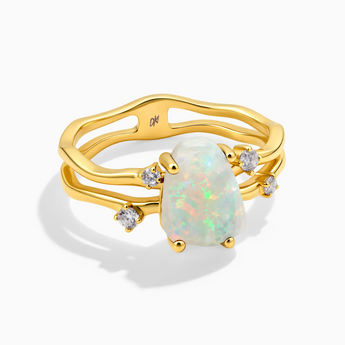 18KT Yellow Gold Vermeil Double Band Raw Opal Ring - Interweave Front View