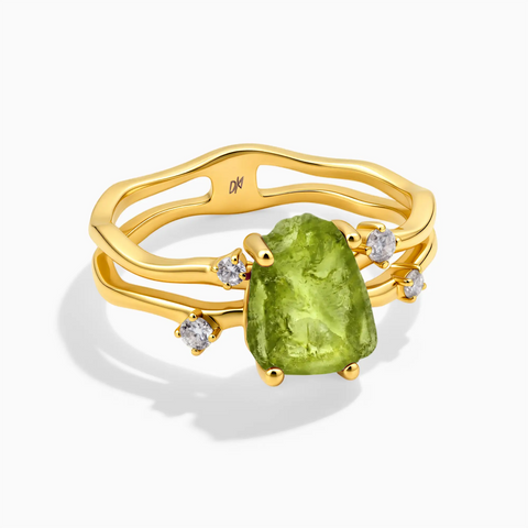 18KT Yellow Gold Vermeil Double Band Raw Peridot Ring - Interweave Front View