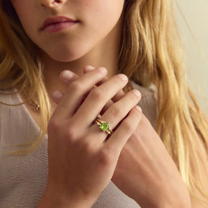 18KT Yellow Gold Vermeil Double Band Raw Peridot Ring - Interweave Model Shot