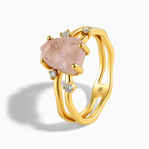 18KT Yellow Gold Vermeil Double Band Raw Rose Quartz Ring - Interweave Side View