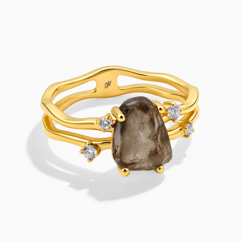 18KT Yellow Gold Vermeil Double Band Raw Smoky Quartz Ring - Interweave Front View