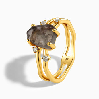 18KT Yellow Gold Vermeil Double Band Raw Smoky Quartz Ring - Interweave Side View