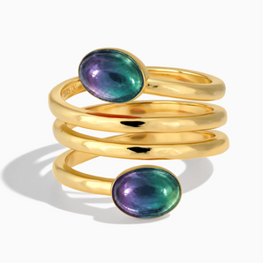 18KT Yellow Gold Vermeil Double Cabochon Alexandrite Coil Ring - Endless Winding Front View