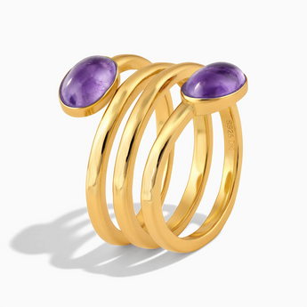 18KT Yellow Gold Vermeil Double Cabochon Amethyst Coil Ring - Endless Winding Side View