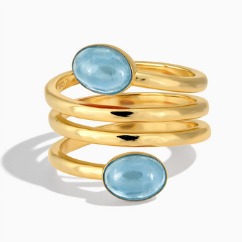 18KT Yellow Gold Vermeil Double Cabochon Aquamarine Coil Ring - Endless Winding Front View