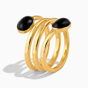 18KT Yellow Gold Vermeil Double Cabochon Black Onyx Coil Ring - Endless Winding Side View