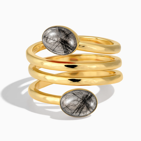 18KT Yellow Gold Vermeil Double Cabochon Black Rutilated Quartz Coil Ring - Endless Winding Front View