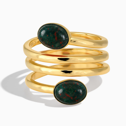 18KT Yellow Gold Vermeil Double Cabochon Bloodstone Coil Ring - Endless Winding Front View