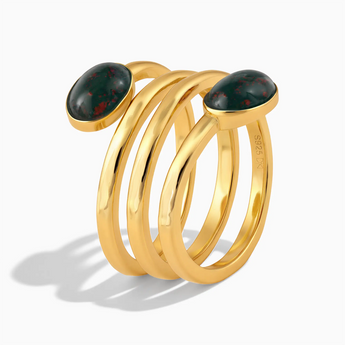 18KT Yellow Gold Vermeil Double Cabochon Bloodstone Coil Ring - Endless Winding Side View