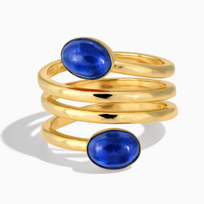 18KT Yellow Gold Vermeil Double Cabochon Blue Sapphire Coil Ring - Endless Winding Front View