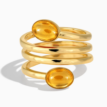 18KT Yellow Gold Vermeil Double Cabochon Citrine Coil Ring - Endless Winding Front View