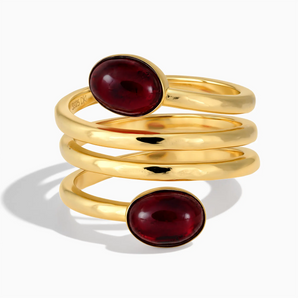 18KT Yellow Gold Vermeil Double Cabochon Garnet Coil Ring - Endless Winding Front View