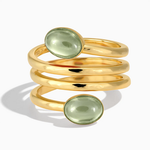 18KT Yellow Gold Vermeil Double Cabochon Green Amethyst Coil Ring - Endless Winding Front View