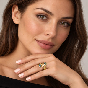 18KT Yellow Gold Vermeil Double Cabochon Labradorite Coil Ring Endless Winding Model Shot