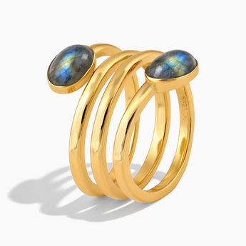 18KT Yellow Gold Vermeil Double Cabochon Labradorite Coil Ring - Endless Winding Side View