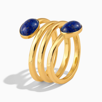 18KT Yellow Gold Vermeil Double Cabochon Lapis Lazuli Coil Ring - Endless Winding Side View