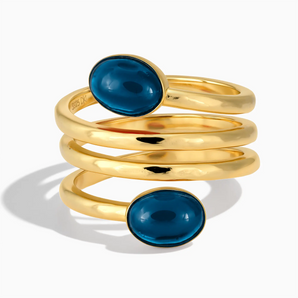 18KT Yellow Gold Vermeil Double Cabochon London Blue Topaz Coil Ring - Endless Winding Front View