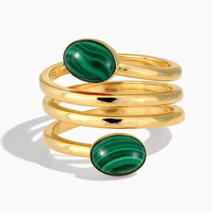 18KT Yellow Gold Vermeil Double Cabochon Malachite Coil Ring - Endless Winding Front View