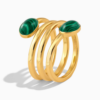 18KT Yellow Gold Vermeil Double Cabochon Malachite Coil Ring - Endless Winding Side View
