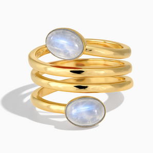 18KT Yellow Gold Vermeil Double Cabochon Moonstone Coil Ring - Endless Winding Front View