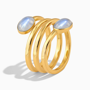 18KT Yellow Gold Vermeil Double Cabochon Moonstone Coil Ring - Endless Winding Side View
