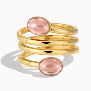 18KT Yellow Gold Vermeil Double Cabochon Morganite Coil Ring - Endless Winding Front View