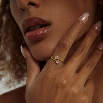 18KT Yellow Gold Vermeil Double Cabochon Morganite Ring - Twins Collection Model Shot