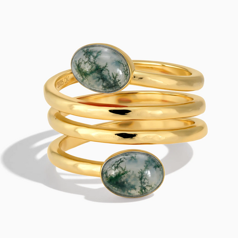 18KT Yellow Gold Vermeil Double Cabochon Moss Agate Coil Ring - Endless Winding Front View