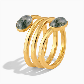 18KT Yellow Gold Vermeil Double Cabochon Moss Agate Coil Ring - Endless Winding Side View