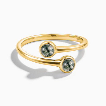 18KT Yellow Gold Vermeil Double Cabochon Moss Agate Ring - Twins Collection Front View