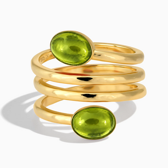 18KT Yellow Gold Vermeil Double Cabochon Peridot Coil Ring - Endless Winding Front View
