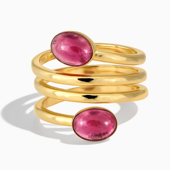 18KT Yellow Gold Vermeil Double Cabochon Pink Tourmaline Coil Ring - Endless Winding Front View
