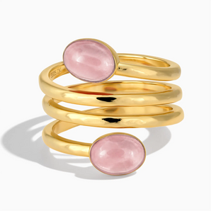 18KT Yellow Gold Vermeil Double Cabochon Rose Quartz Coil Ring - Endless Winding Front View